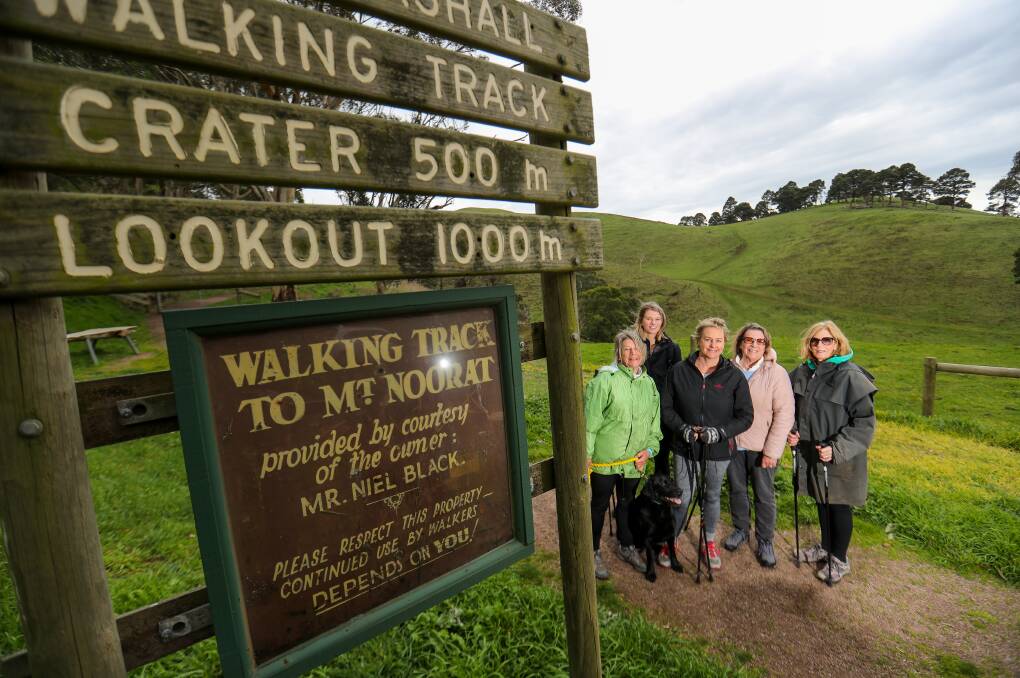 Stepping out: Catherine Bell, Rosie Fitzclarence, Lucy Gubbins, Pammy Bradshaw and Jan Irvine train at Mount Noorat every week in the lead-up to their trek in Daylesford that has been named in honour of Catherine 'Riney' Ross. Picture: Morgan Hancock