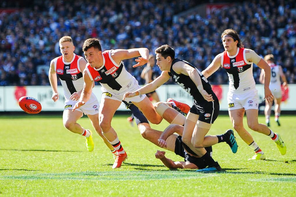 AGILE: St Kilda's Rowan Marshall is 201 centimetres tall but is still clean at ground level. Picture: Morgan Hancock
