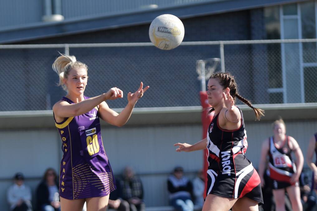 COMMITTED: Port Fairy's Carly Watson was gallant in defence in the Seagulls' loss to Koroit on Saturday. Picture: Mark Witte