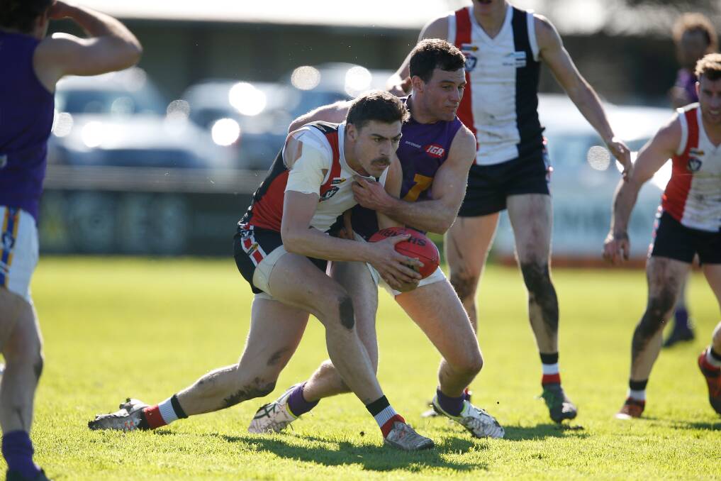 STEPPING UP: Koroit's Lachie Rhook was one of the Saints' best against Port Fairy on Saturday playing as a midfield-forward. Picture: Mark Witte