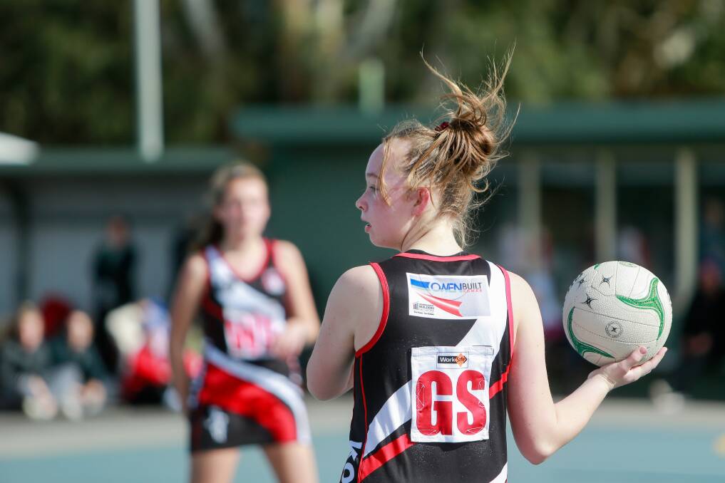 The Saints: Koroit's Scarlett Hunter in action for the Saints' under 14 netball team this year. Picture: Anthony Brady