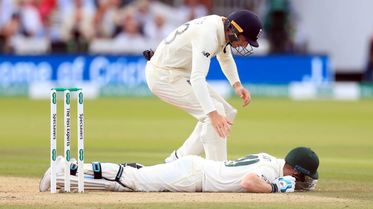 BAD MEMORIES: Australia's Steve Smith ends up on the floor after being hit by the ball during day four of the Ashes Test match at Lord's. Picture: Mike Egerton/PA Wire