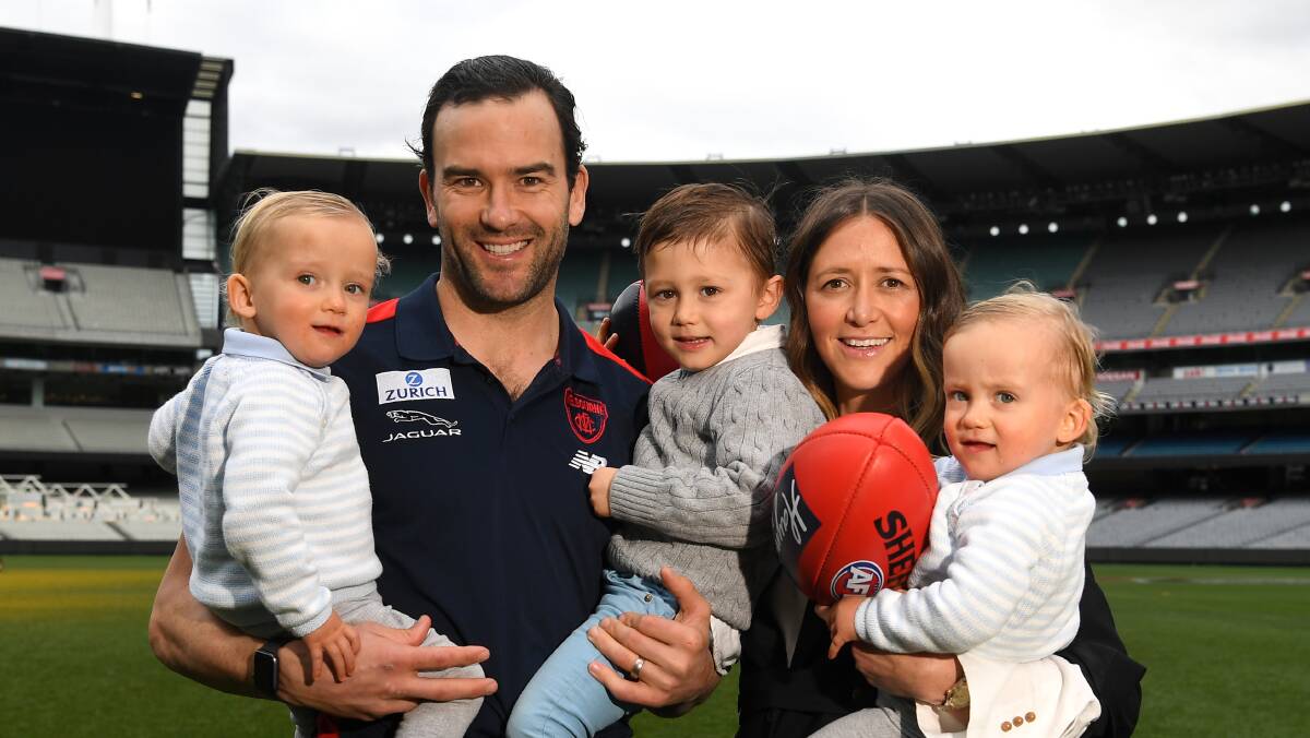 FAMILY TIME: Jordan Lewis will have more time to spend with wife Lucy and their kids Hugh, Freddie and Ollie after announcing his retirement. Picture: AAP Image/James Ross