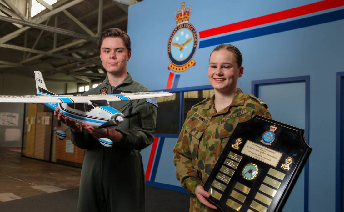 Ready to fly: Warrnambool 413 Squadron Cadet Corporals Nicholas Egan and Georgia Hand are ready to welcome new cadets at Thursday's recruitment night. Picture: Rob Gunstone