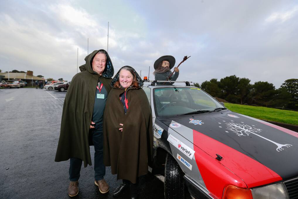 Making a hobbit of it: Variety Bash participants Michael Hall and Nerida Wallace in Warrnambool with their Lord of the Rings themed Audi. Picture: Anthony Brady