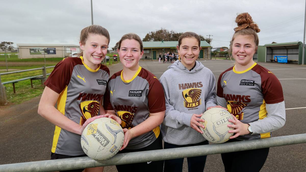 FROM THE FRONT: Hawks' under 14 and 16 netball leadership group Tahlee Dannatt, Georgia Ryan, Scarlett O'Brien and Etta Harrison are ready for the Hampden junior grand finals. Picture: Anthony Brady