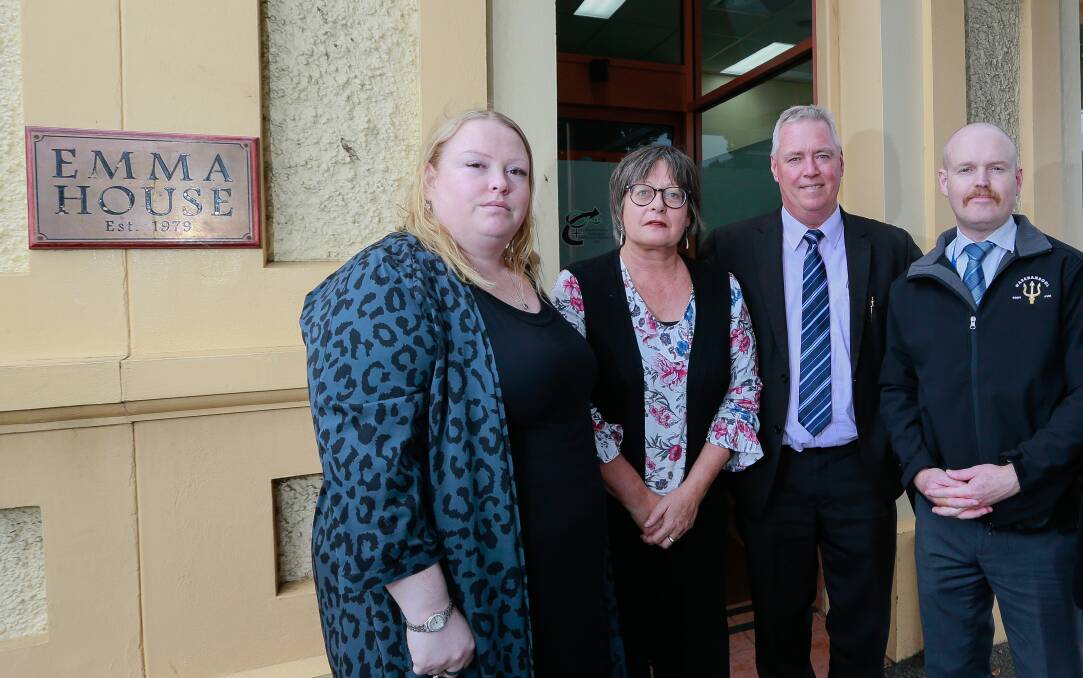 SPIKE: Emma House's Sarah Brittain and Ruth Isbel with Warrnambool family violence police unit Shane Keogh and Jason Dance. Picture: Anthony Brady