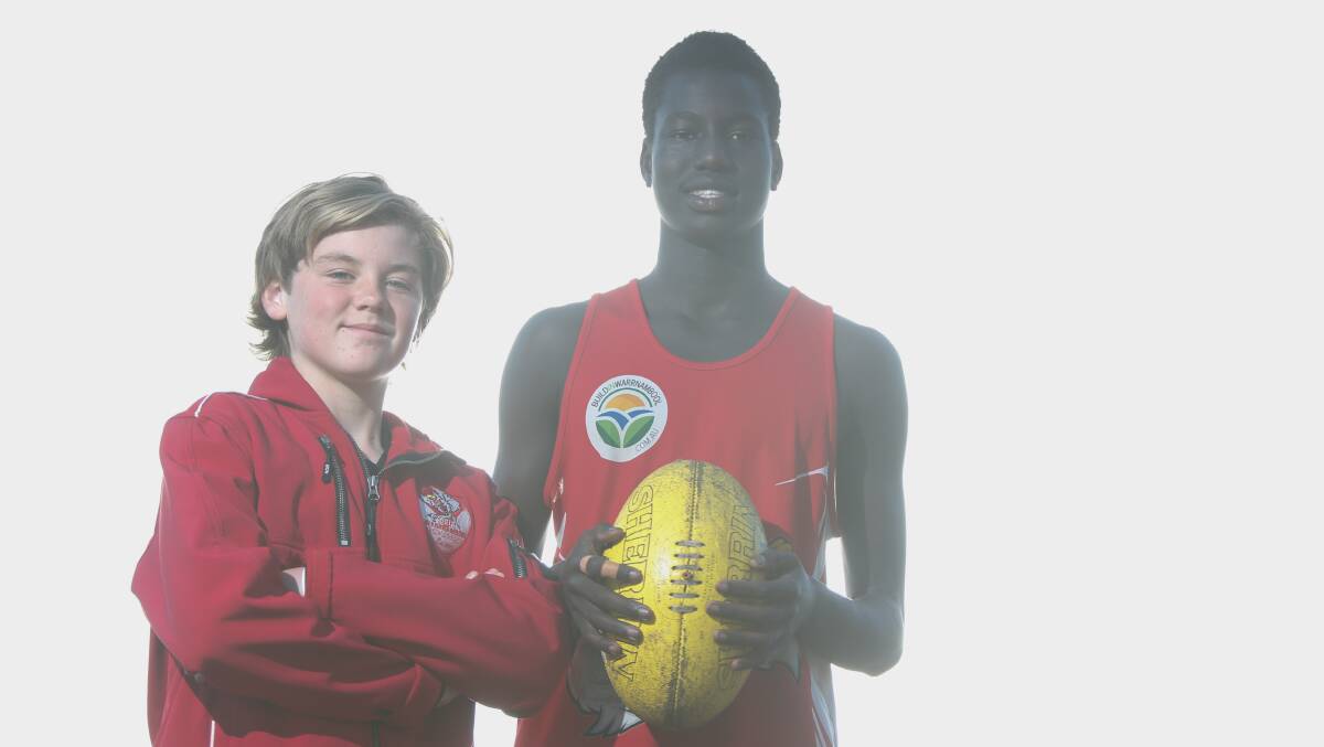 PUMPED UP: South Warrnambool under 14 vice captain Ollie Smith,13, and captain Luamon Laul, 14, are raring to go in Sunday's grand final against Koroit. Picture: Mark Witte