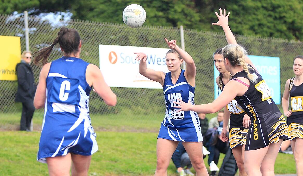 ON TARGET: Warrnambool's Sinaed Finck throws the ball in the Blues' 35-goal thumping of Portland. Picture: Mark Witte