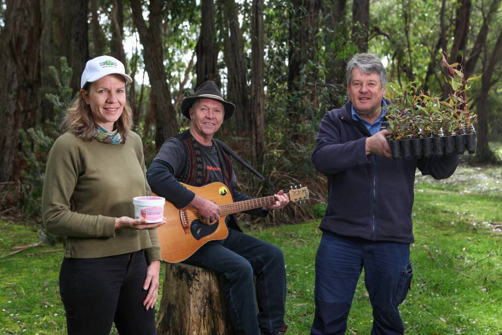 Community effort: Timboon Fine Icecream's Caroline Simmons, musician Bruce Campbell and Heytesbury and District Landcare Networks Geoff Rollinson are ready to go for the Healing and the Landscape event at Brucknell Scout Park. Picture: Rob Gunstone