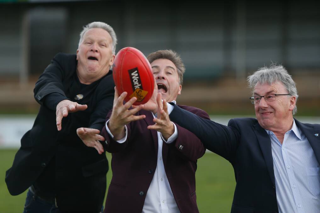 KICK IT: Warrnambool City councillor David Owen, mayor Tony Herbert and Cr Rob Anderson are looking forward to the redevelopment of Reid Oval. Picture: Mark Witte 