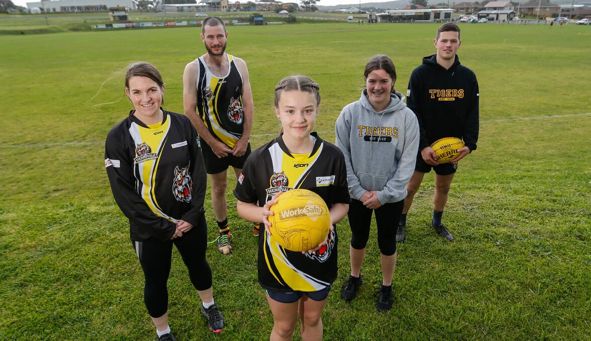 YELLOW AND BLACK: Merrivale players Nicole Ferguson (A grade), Allan Eccles (reserves), Paiyton Noonan (13 and under), Layla Wilson (17 and under) and Jye Wilson (under 18) will all play in grand finals on Saturday. Picture: Anthony Brady