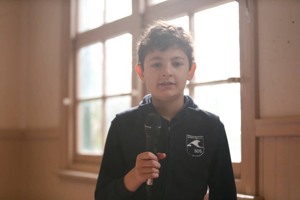 MAKING SPEECHES: Max Darmanin, 10, is thankful for the donation from the Warrnambool Kiwanis to help with new sound system equipment. Picture: Mark Witte