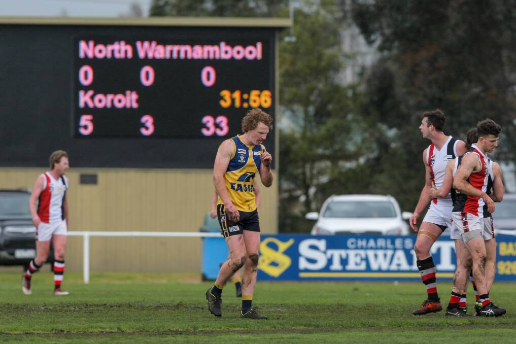 SCOREBOARD TELLS THE STORY: It was a strong start in the first quarter for Koroit and tough for North Warrnambool Eagles. Picture: Rob Gunstone