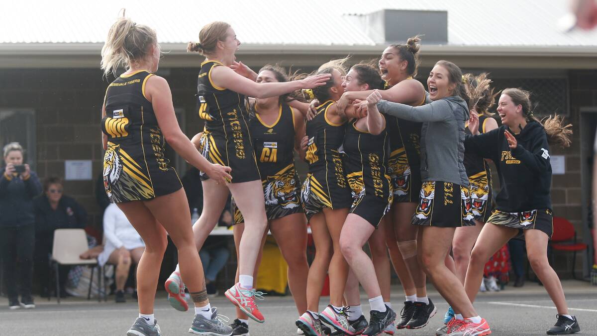 EXCITING TIMES: Merrivale players celebrate winning the grand final against Nirranda in 2019. 