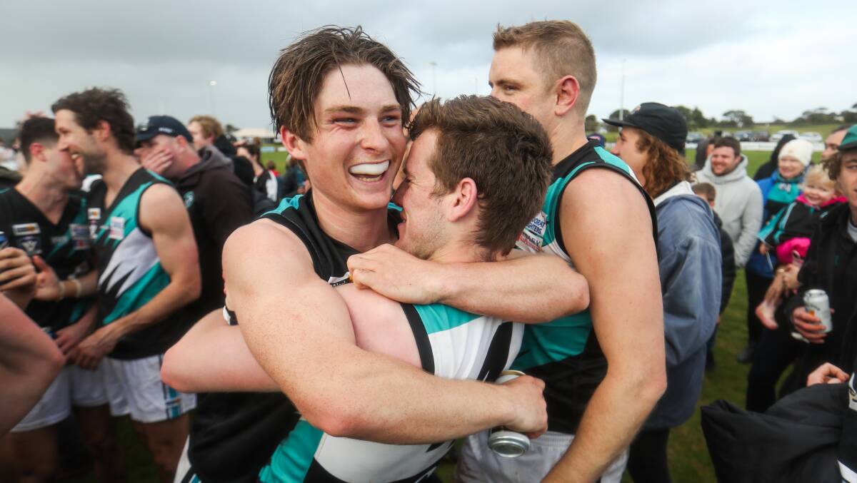 BROTHERS IN ARMS: Kolora-Noorat's Luke McConnell and Luke Justin celebrate after the final siren. Picture: Morgan Hancock