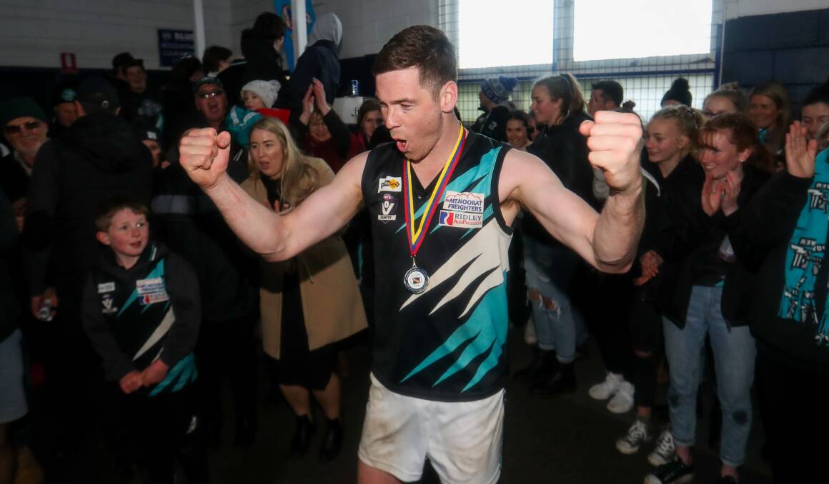 The best of times: Kolora-Noorat's Nick Bourke celebrates after winning the 2019 grand final. Picture: Morgan Hancock