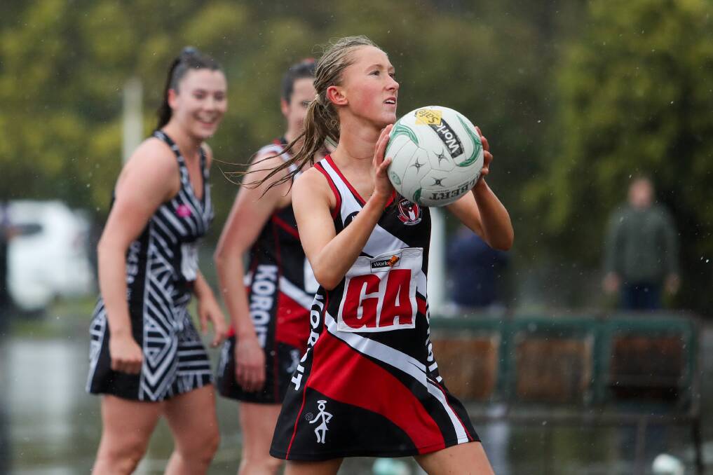 Young gun: Koroit's Isabella Baker shoots for the net against Camperdown. Picture: Morgan Hancock