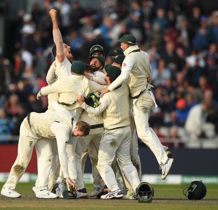  Australia bowler Josh Hazlewood celebrates after taking the final wicket of England batsman Craig Overton after review during day five of the 4th Ashes Test Match between England and Australia at Old Trafford.