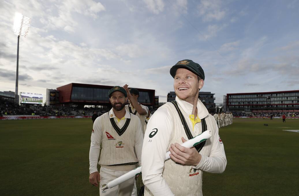 Man of the match Steve Smith celebrates after Australia claimed victory to retain the Ashes during day five of the 4th Test between England and Australia at Old Trafford.