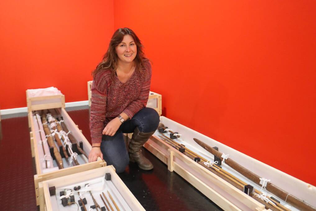 History: New Warrnambool Art Gallery curator of cultural engagement, Sherry Johnstone with some of the Indigenous artefacts in the gallery. Picture: Morgan Hancock