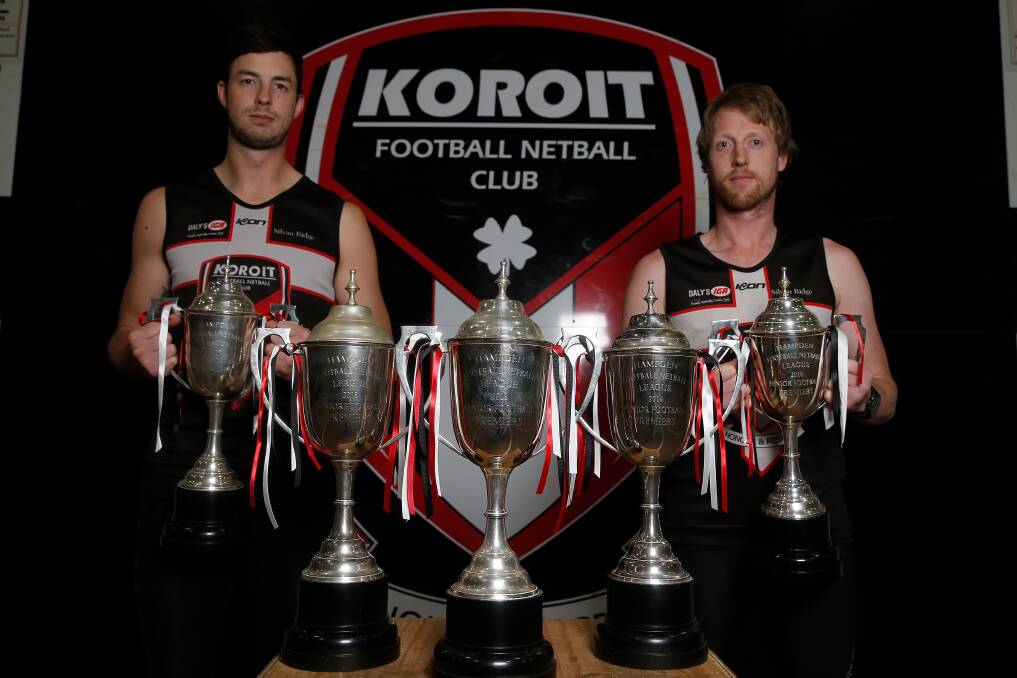 THE LUCKY ONES: Koroit's Jeremy Hausler and Dallas Mooney are the only Saints striving for six premierships in a row on Saturday. The loyal pair credit a clean run with injury for their durability and successes. Picture: Mark Witte