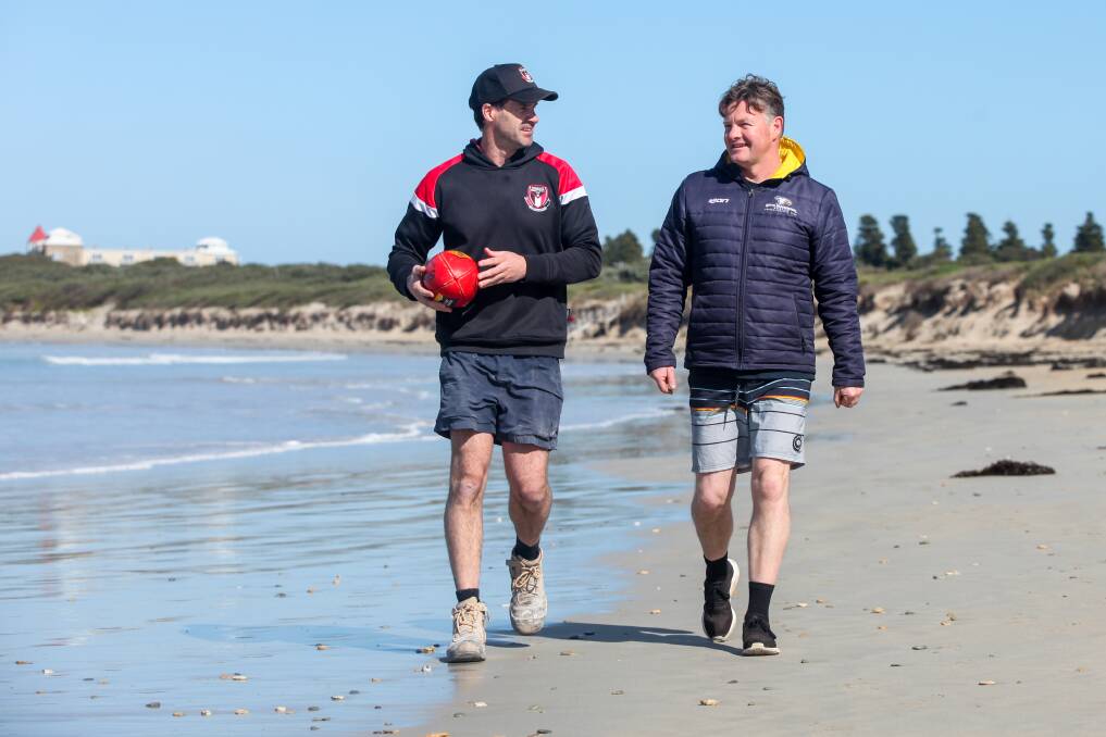 BUDDIES: Koroit's Chris McLaren and North Warrnambool's Adam Dowie are mates first, coaches second. Picture: Rob Gunstone