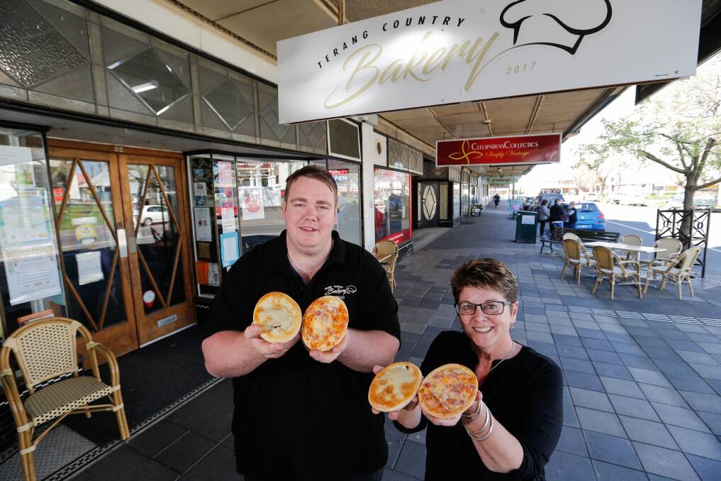 Humble pie: Bakery co-owners Brad Burkitt and Gaye McVilly from Terang Country Bakery with their award-winning pies. Picture: Anthony Brady