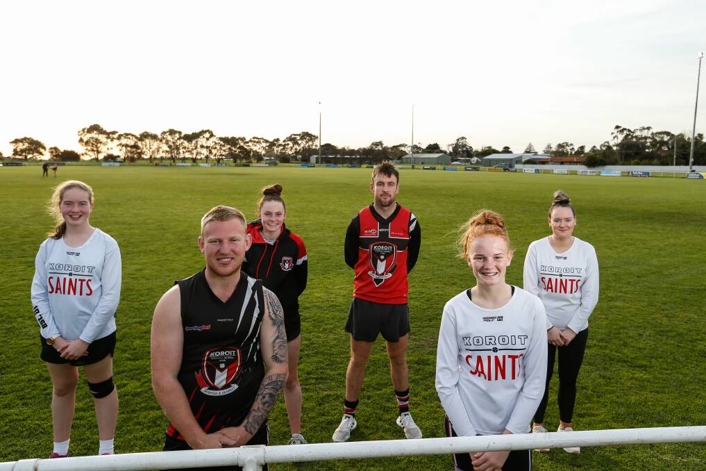 As one: Koroit has six teams in Hampden league grand finals. Representatives of those teams are Layla Thom (13 and under), Brad Bell (reserves), Zahli Adams (open), Sam Dobson (seniors), Ella Lewis (17 and under) and Grace Lynch (division two). Picture: Anthony Brady
