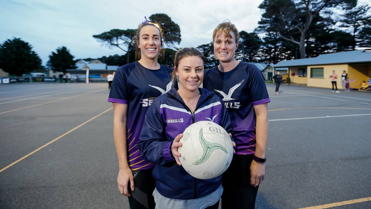 UNITED: Port Fairy division one players Eliza Mathison, Kristy Ludeman and Rhiannon Cuomo are ready to tackle North Warrnambool Eagles. Picture: Anthony Brady