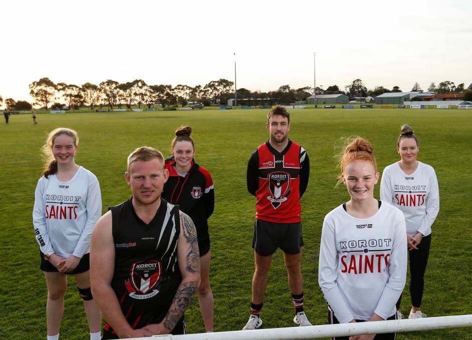 United: Koroit has six teams in Hampden league grand finals. Representatives of those teams are Layla Thom (13 and under), Brad Bell (reserves), Zahli Adams (open), Sam Dobson (seniors), Ella Lewis (17 and under) and Grace Lynch (division two). Picture: Anthony Brady