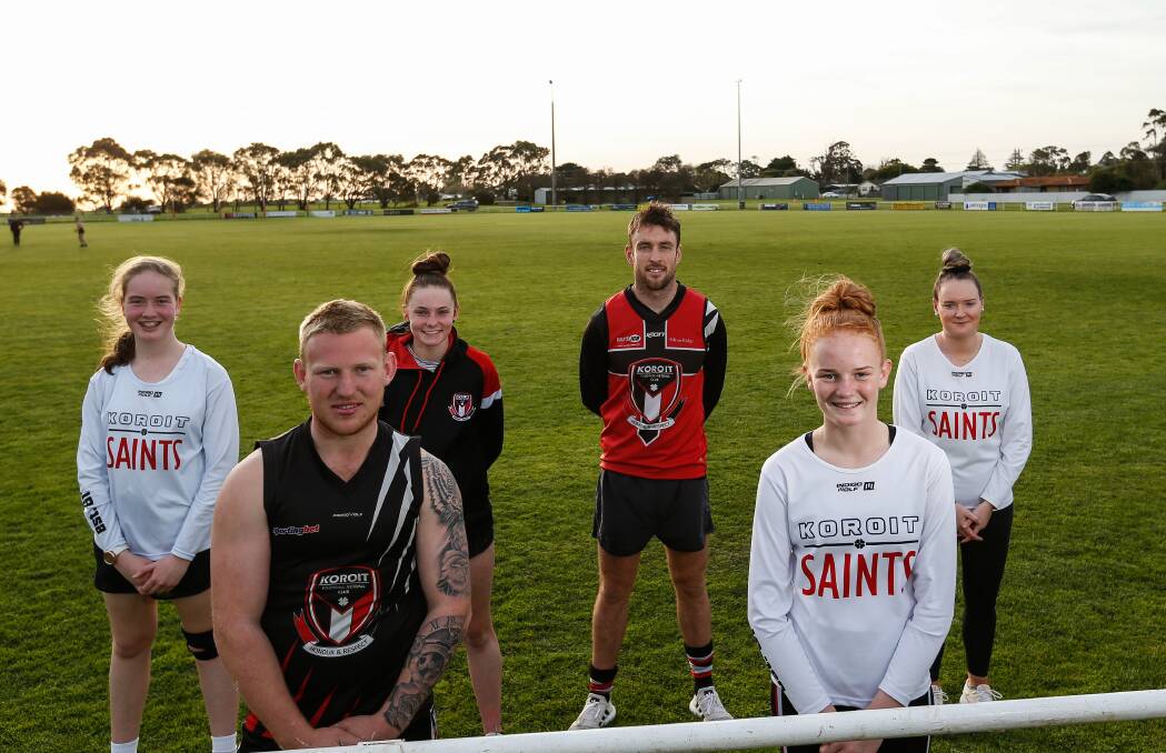 United: Koroit has six teams in Hampden league grand finals. Representatives of those teams are Layla Thom (13 and under), Brad Bell (reserves), Zahli Adams (open), Sam Dobson (seniors), Ella Lewis (17 and under) and Grace Lynch (division two). Picture: Anthony Brady 