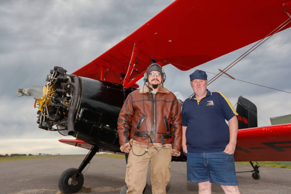 Let the battle begin: Adventure Flight Co pilot Jordan Koursaris and train enthusist and Eddie White ahead of the race from Camperdown to Allansford between the plane and steam train on October 12. Picture: Mark Witte 