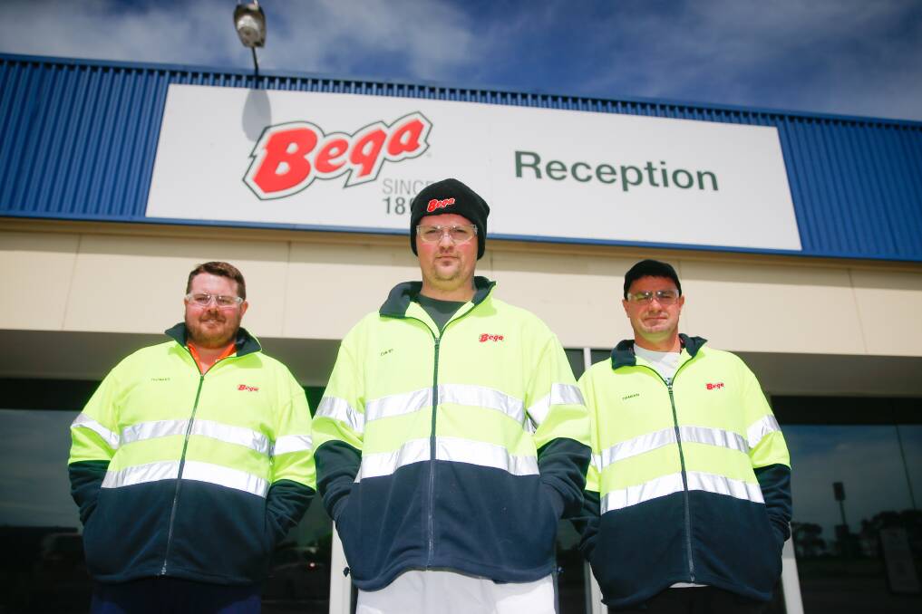 FINDING SECURE WORK: Bega workers Tom Woodhams, David Crowe and Damian Noonan were formerly Fonterra Dennington workers. Picture: Mark Witte