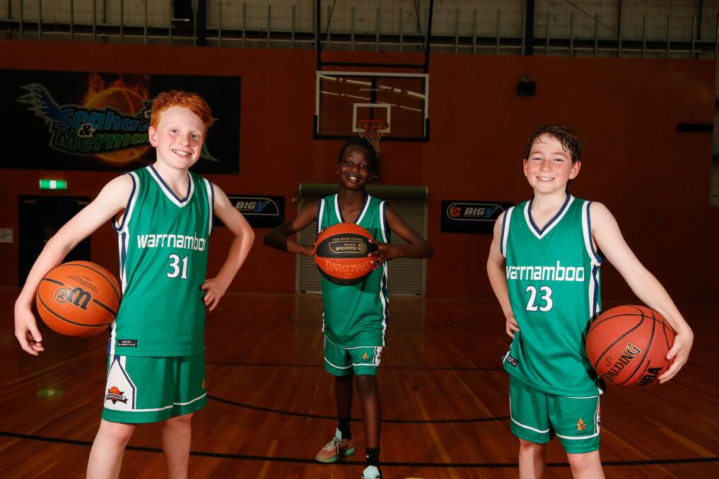 Excited: (l-r) Warrnambool under 12 squad basketballers Jimmy Stevens, 9, Mali Lual,10 and Ethan Debono, 10 ahead of the 3x3 Street Hustle tournament coming to Warrnambool on Sunday. Picture: Mark Witte