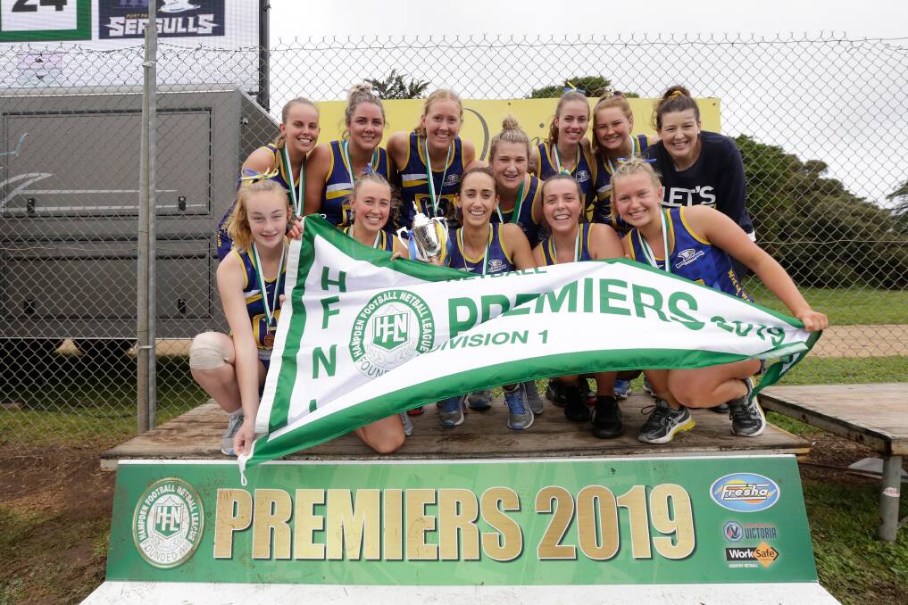 Flying: North Warrnambool Eagles division one team after winning the 2019 grand final against Port Fairy. Picture: Mark Witte