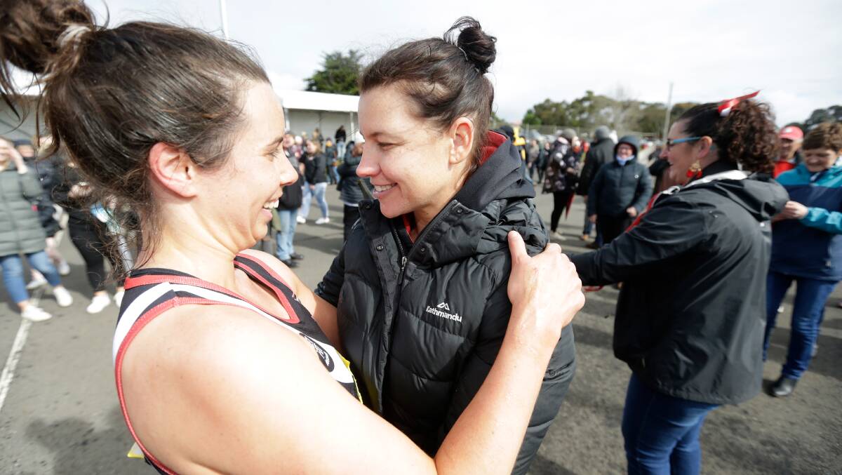 Best day: Koroit's Emily-Rose Finnigan and coach Stacey O'Sullivan embrace after winning the 2019 grand final. Picture: Mark Witte