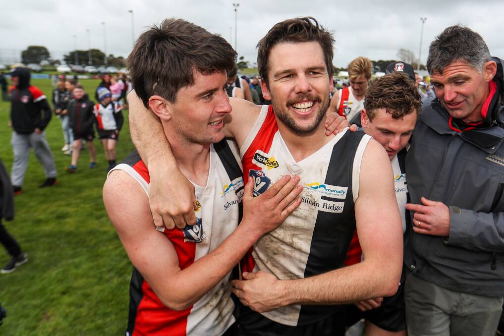 THE JOYS OF SPORT: Liam O'Sullivan and Thomas Mugavin celebrate Koroit's 2019 grand final victory. The drama and emotions of sport are currently put aside while we sit in isolaiton. Picture: Morgan Hancock