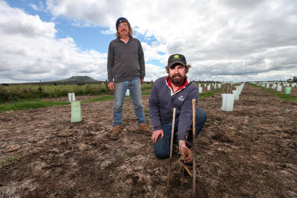 Plant you now: Gazette farmers Jeff Semmens and Daniel Mirtschin are happy with the grants given to the Gazette Land Action Group to help plant native bush wind-breaks on their properties. Picture: Rob Gunstone