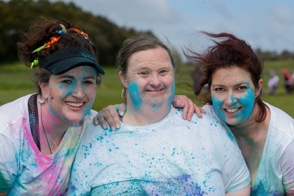Community: Terang's Ashlee Giles, Helena Drake and Kristyn Borthwick at the inaurugal Terang Colour Fest, which has been nominated for Community Event of the Year. Picture: Anthony Brady