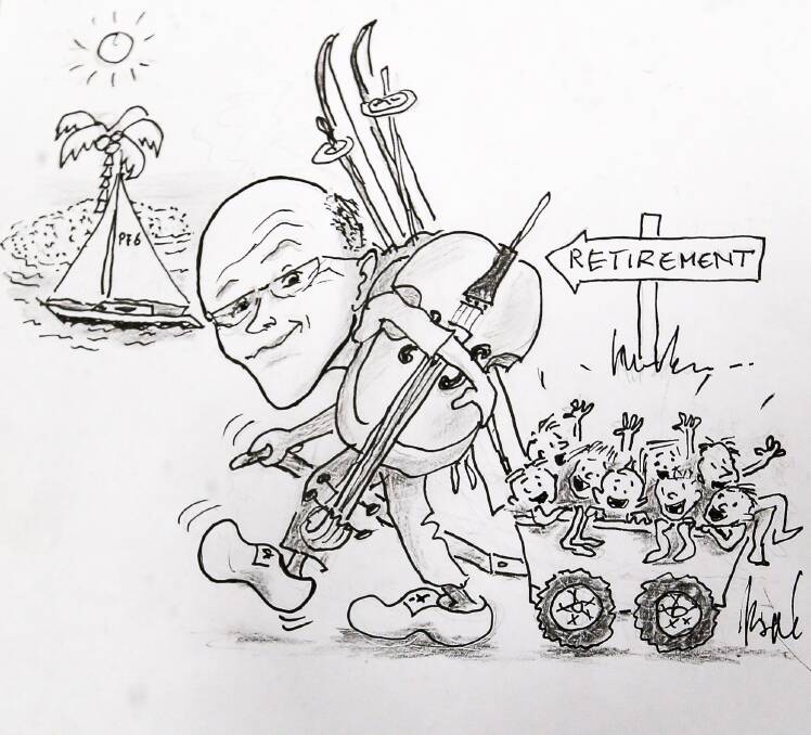 SAILING OFF INTO THE SUNSET: Bore Hoekstra drew this self-portrait cartoon after announcing his retirement from the health profession. Picture: Anthony Brady