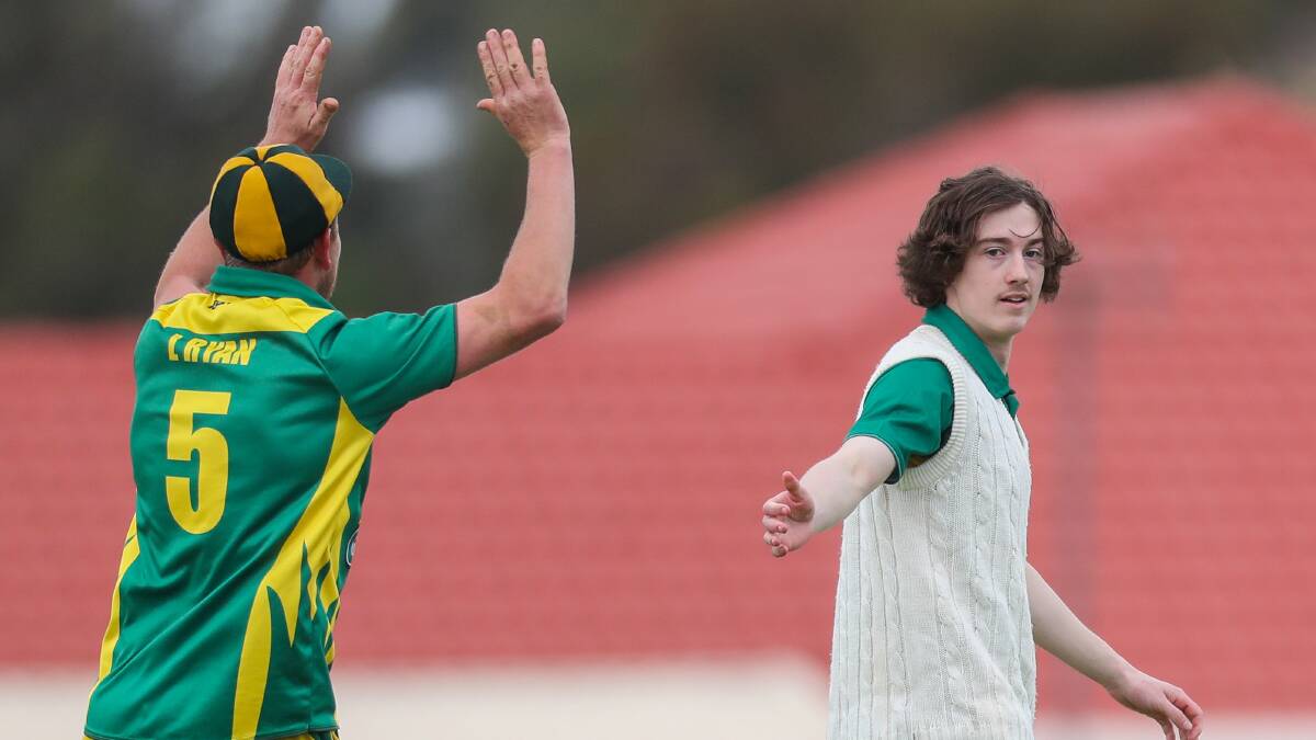 HAPPY TIMES: Allansford's Luke Ryan and Nick Robertson celebrate a wicket. Picture: Morgan Hancock