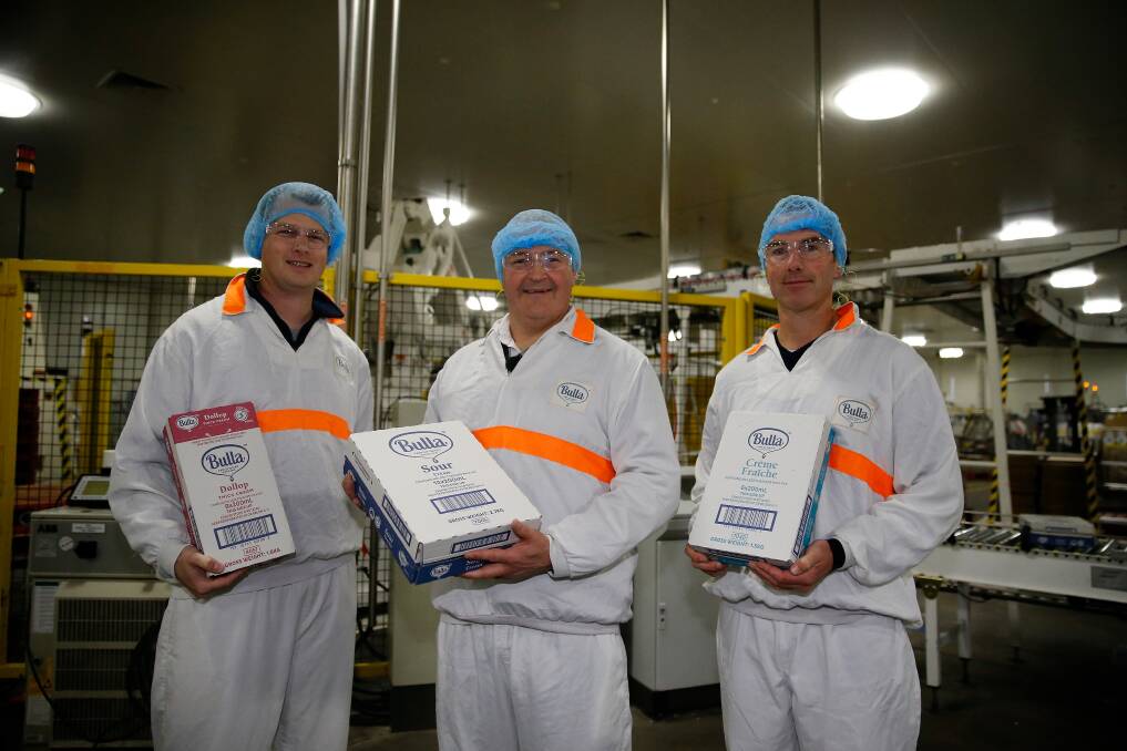 Products: Improvement facilitator of chilled operations Mark Leach, Bulla CEO Allan Hood and site lead for chilled operations Brad Donovan with the final product ready to be transported. Picture: Mark Witte
