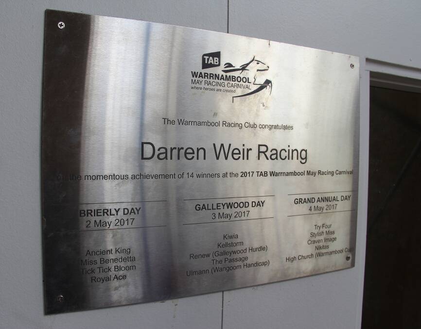 The plaque: Warrnambool Racing Club honours Darren Weir's feat of 14 winners at the 2017 May Racing Carnival. Picture: Sean Hardeman