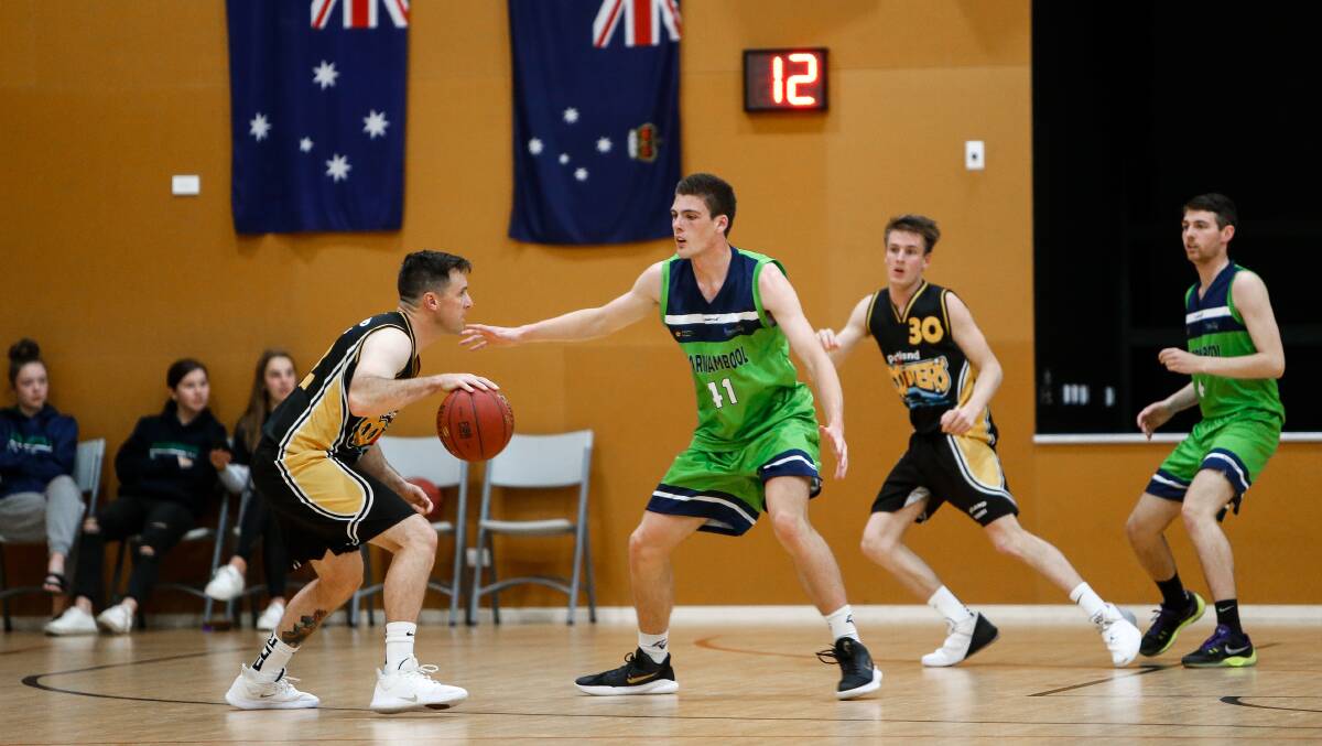 WORKING HARD: Riley Nicolson defends during the Warrnambool Seahawks opening round match against Portland Coasters. Picture: Anthony Brady