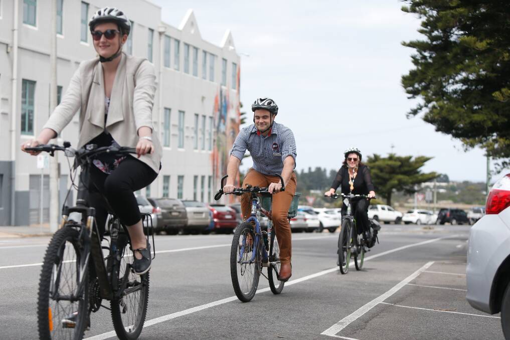 South West Healthcare's Alex Bell, South West TAFT's Leon Senchenko and Warrnambool City Council's Nicole Wood will cycle to work for Ride to Work Day. The three organisations are hosting a free breakfast at the TAFE. Picture: Mark Witte