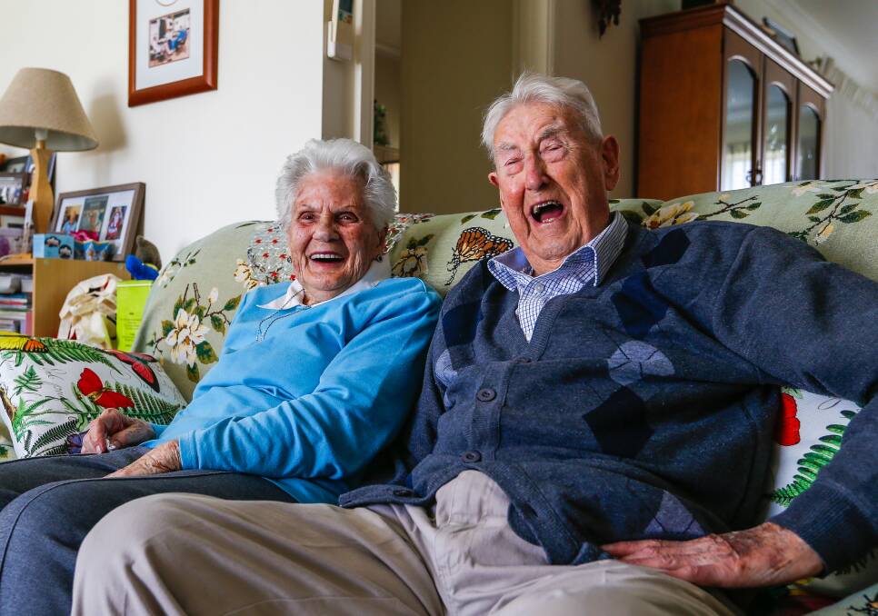 STILL LAUGHING 70 YEARS ON: Jean and Vic Henshaw will celebrate their wedding anniversary on Tuesday. Picture: Anthony Brady