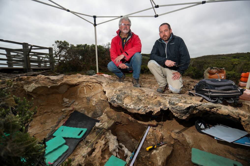 Monash University's Indigenous archaeology professor Ian McNiven and research fellow Joe Crouch at the Moyjil site. Picture: Morgan Hancock