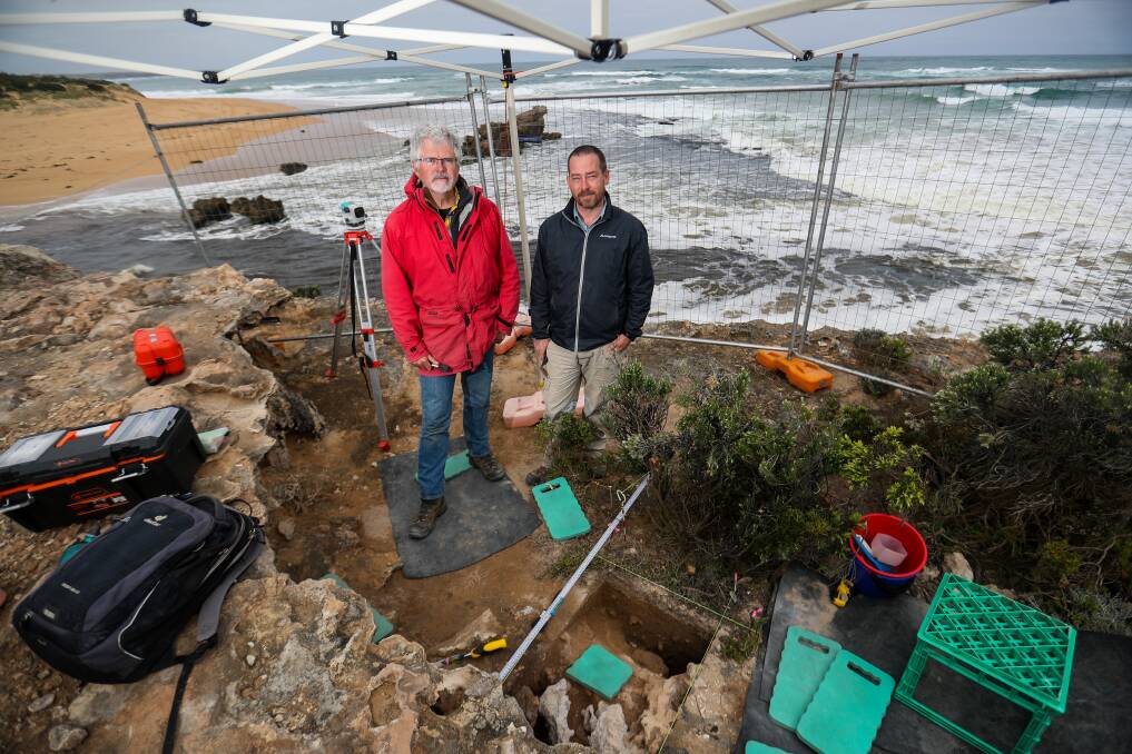 DIGGING FOR HISTORY: Monash University's Indigenous archaeology professor Ian McNiven and research fellow Joe Crouch have dug up two possible fireplaces on cliff faces near the mouth of Warrnambool's Hopkins River. Picture: Morgan Hancock