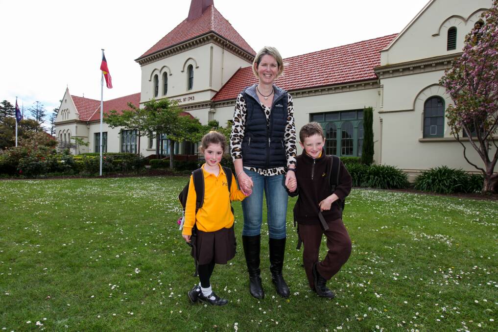 Taking the next step: Mum Catherine Fitzgerald with her children Clancey Greene, 6, and Jett Greene, 7. She is pleased Warrnambool Primary School is expanding to include before-school care in 2020. Picture: Rob Gunstone